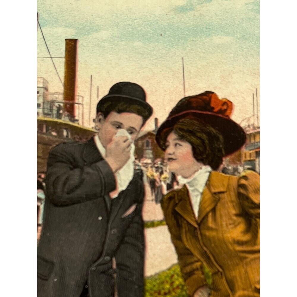 Antique 1909 Ephemera Humor Postcard EL Theochrom Comic Series Steamship Couple